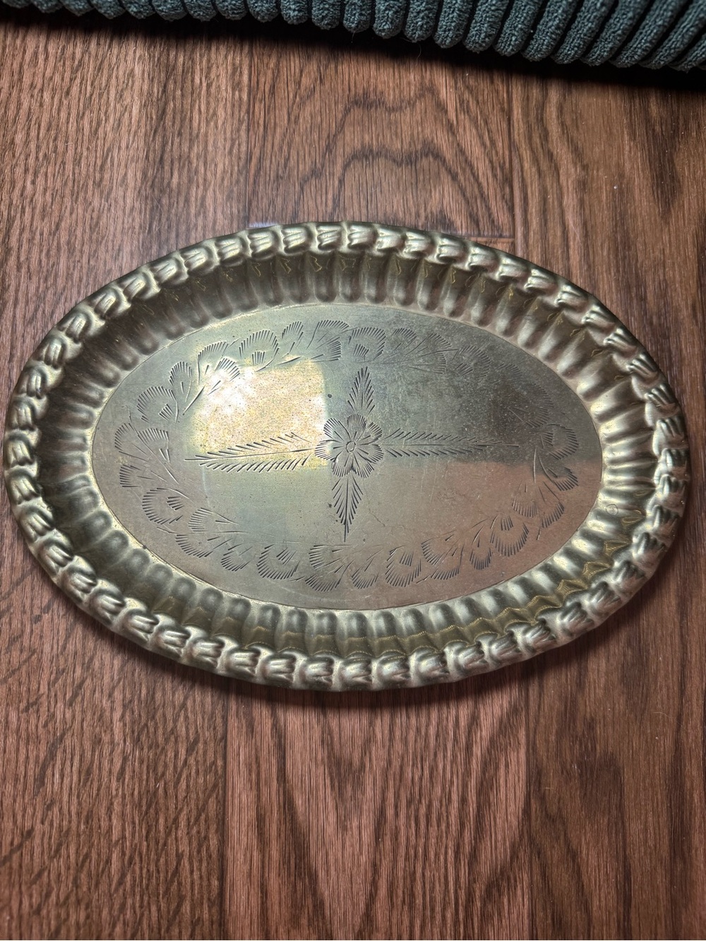 Antique Brass Oval Serving Tray with Floral Etching